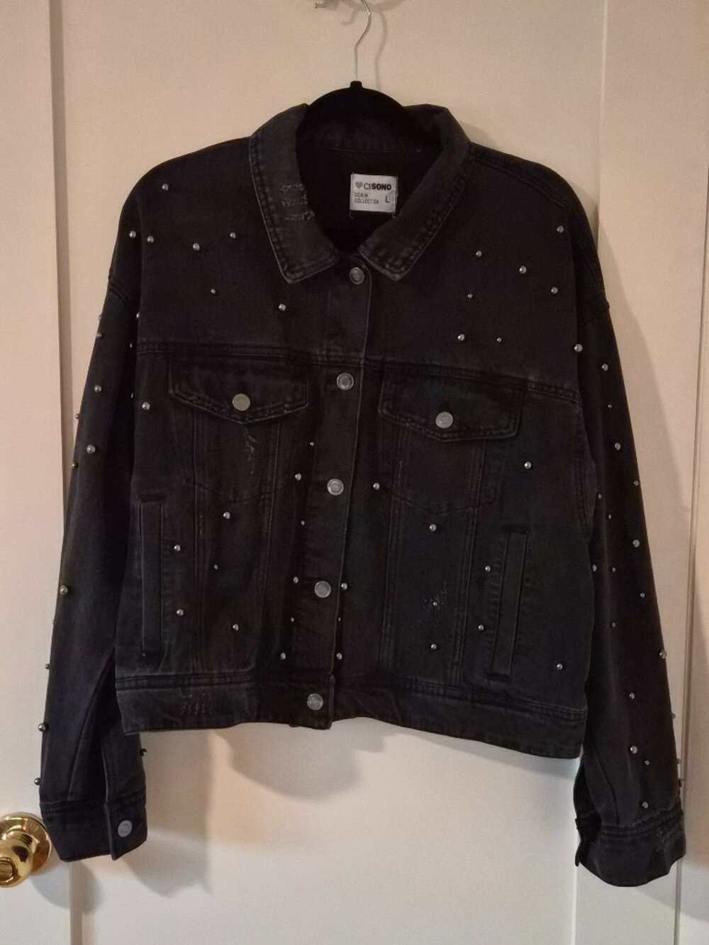 CISONO Black Studded Distressed Denim Trucker Jacket Large